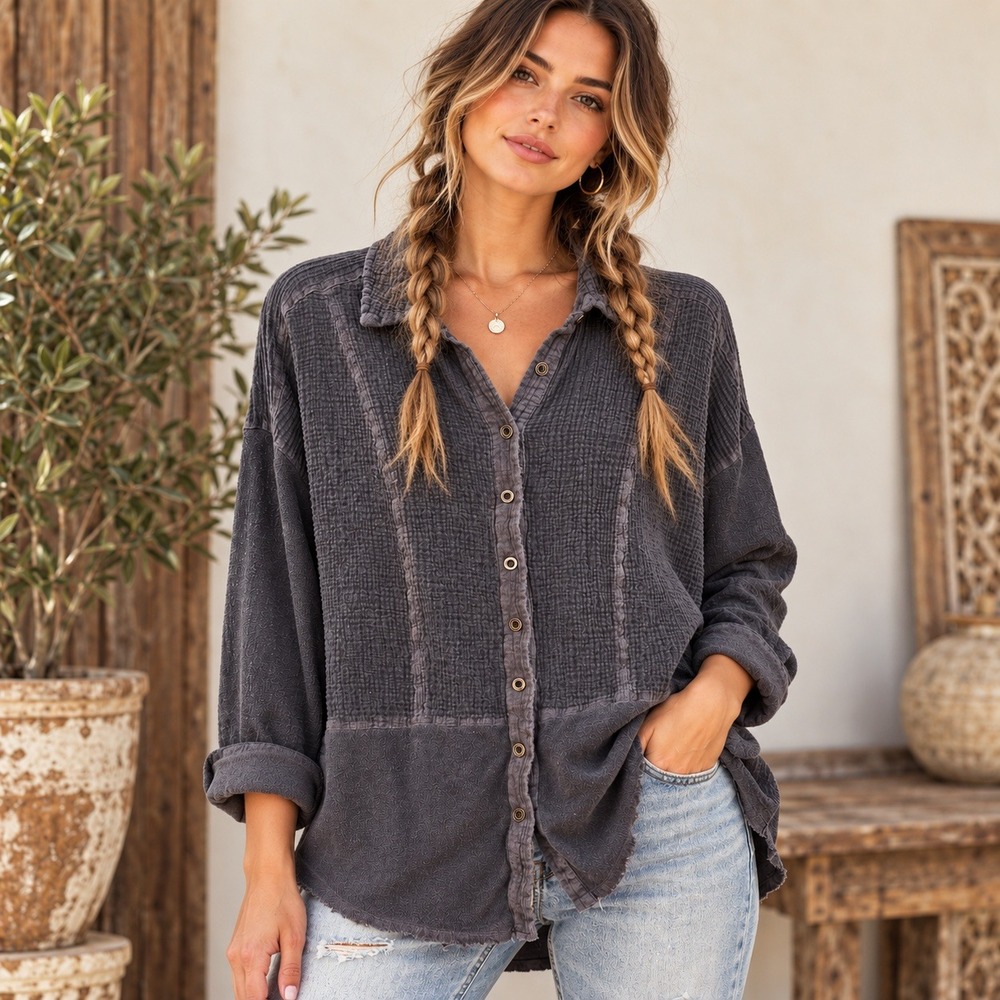 Free People We The Free Gauze Button Down Shirt Grey Oversized Lagenlook Large
